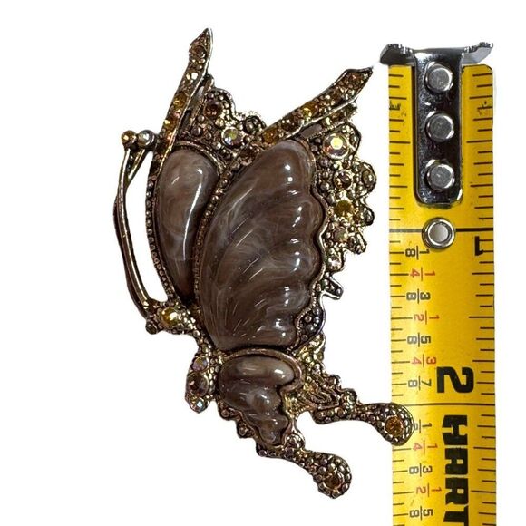 Vintage Butterfly Brooch Celluloid Swirl Slag Formed Rhinestones & Brown Finish - Picture 3 of 3